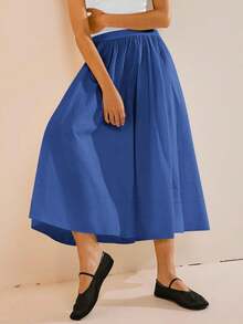 Womens A-Line Midi Skirt Elastic High Waist Pleated Flowy Swing Casual Long Skirt With Pocket - 藍色 - 查看 4