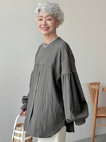 FRIFUL Women's Loose Fit Splice Bottom Contrast Color T-Shirt,Fall Women Clothes Long Sleeve Top - Dark Grey - View 5