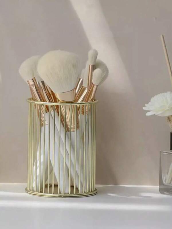 Caixa de armazenamento de cosméticos, tubo de armazenamento de pincéis de maquiagem de ferro de mesa, pente de pincel de beleza redondo dourado, suporte para lápis de sobrancelha, caixa de armazenamento de cosméticos