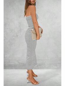 Women's Summer Bodycon Maxi Tube Dress Ribbed Strapless Side Slit Long Going Out Casual Elegant Party DressesHalloween Christmas New Year - 條紋白黑 - 查看 2