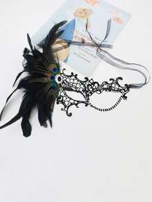 Premium Halloween Bestselling Rhinestone Decorated Artificial Feather One-Eye Half Face Mask With Chain, Masquerade Party Costume Prop