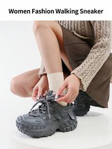 somiliss 1 Pair Women's Lace-Up Casual Sports Shoes, Slip-Resistant, Breathable Mesh Upper, Comfortable For Students, Running, 2025 Autumn New Personalized Pineapple Sole, 6cm Platform, Low-Top Outdoor Walking Shoes, Gray
