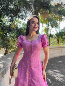 Simple Midi Dress Button Eyelet Embroidery Zipper Wedding - 查看 8