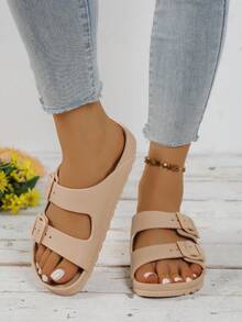 Sandálias femininas leves e confortáveis, bege, da moda, com fivela dupla ajustável, em EVA, antiderrapantes e com absorção de impacto, macias e confortáveis, adequadas para atividades ao ar livre e na praia - Bege - Ver 5