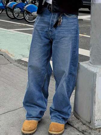 Men's Washed Loose Straight Leg Jeans