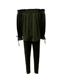 Minimalana Vacation Women's Spring Outfits Fashion Casual Off-The-Shoulder Ruffle Drawstring Long Sleeve Tights Two-Piece Set - Army Green - View 2