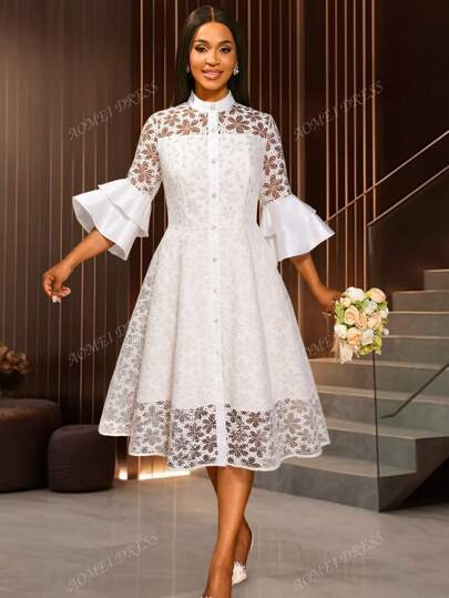 Robe vintage en dentelle pour femmes, à simple boutonnage avec manches évasées, robe de soirée