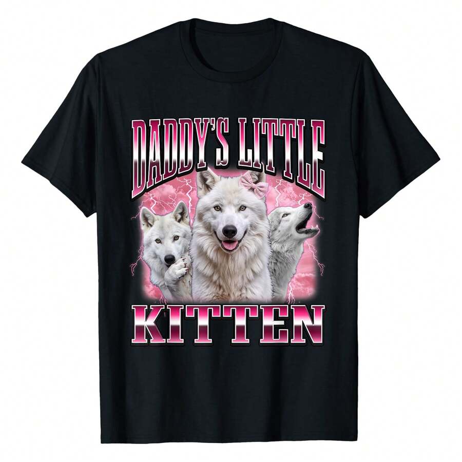 Daddy's Little Kitten Funny Cringe Meme Bootleg T-Shirt Premium Cotton Crewneck Timeless Fit For Any Occasion - 黑色 - 查看 1