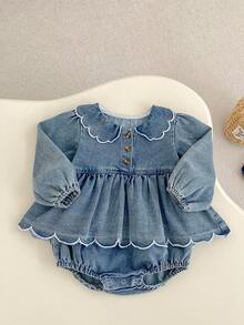 Bộ áo liền quần mùa thu mới cho bé gái, áo liền quần thêu bèo nhún, áo liền quần tam giác denim ngọt ngào thoải mái cho bé tập bò (Sản phẩm này có kiểu dáng rộng rãi, vui lòng chọn nhỏ hơn một size nếu bạn muốn kiểu dáng ôm sát hơn) - Màu xanh lam - Xem 2