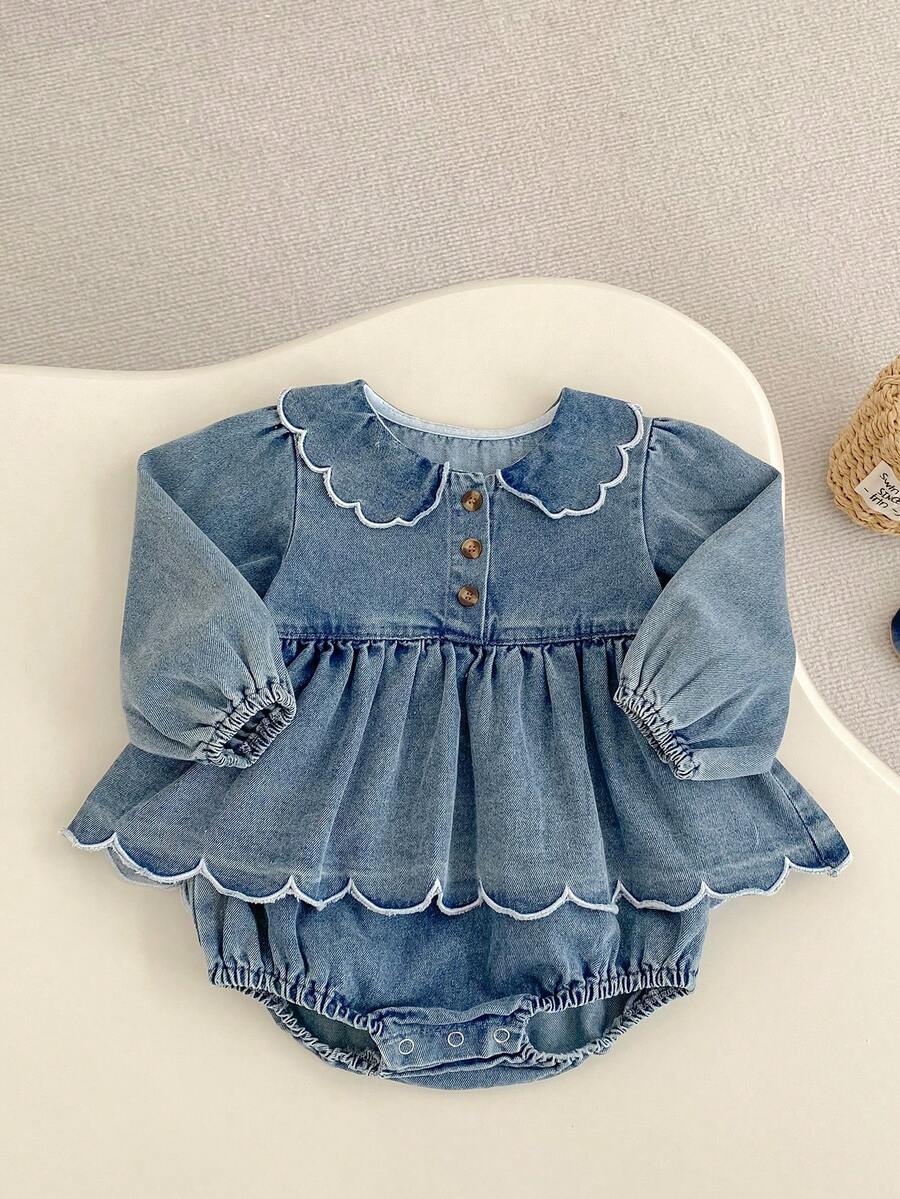 Bộ áo liền quần mùa thu mới cho bé gái, áo liền quần thêu bèo nhún, áo liền quần tam giác denim ngọt ngào thoải mái cho bé tập bò (Sản phẩm này có kiểu dáng rộng rãi, vui lòng chọn nhỏ hơn một size nếu bạn muốn kiểu dáng ôm sát hơn)