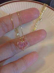 1入超閃粉紅色水晶玻璃心形項鍊，流行輕奢心形吊墜