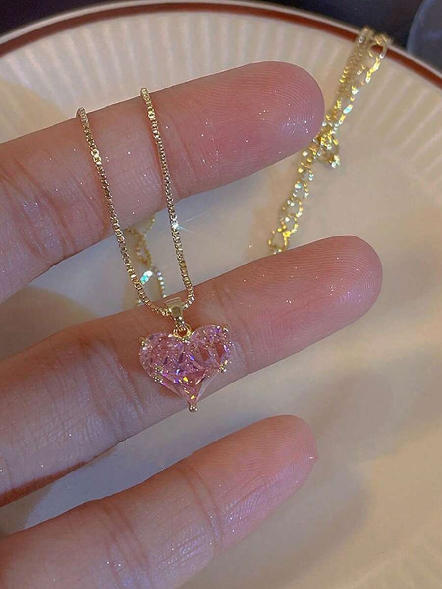 1入超閃粉紅色水晶玻璃心形項鍊，流行輕奢心形吊墜