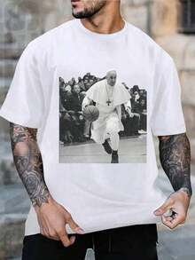 "Pope Plays Basketball" Printed Washed Vintage T-Shirt - Funny Pope Playing Basketball T-Shirt - Unique Religious Humor Sportswear - 白色 - 查看 2