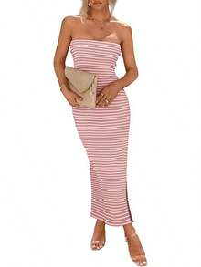 Women's Summer Bodycon Maxi Tube Dress Ribbed Strapless Side Slit Long Going Out Casual Elegant Party DressesHalloween Christmas New Year - 條紋粉紅色白色 - 查看 1