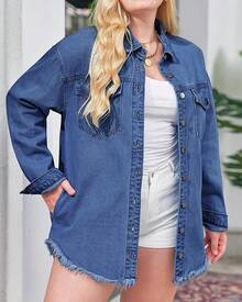 Vetinee Women's Oversized Button Up Frayed Hem Shacket Long Sleeve Pockets Denim Jean Jacket - 宵藍 - 查看 7
