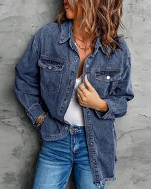 Vetinee Women's Oversized Button Up Frayed Hem Shacket Long Sleeve Pockets Denim Jean Jacket - Bay Blue - 查看 7
