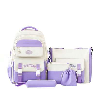 Conjunto de 5 piezas de mochila casual, diseño de estampado de letras de moda, diseño ligero, para mujeres