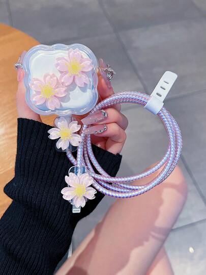 5件套粉色樱花设计充电线保护套，兼容英规20W充电器适配器，兼容Iphone11/12/13/14/15/16 Pro Max数据线防弯线整理器，TPU充电头保护壳充电器保护套充电器外壳手机配件