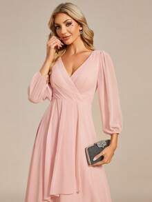 Đầm dự tiệc mùa thu thanh lịch tay phồng xếp ly bằng chiffon màu hồng, đầm dài tay cho phù dâu, đầm dạ hội, đầm dự tiệc cưới, đầm dự tiệc mùa xuân. - Hồng - Xem 4