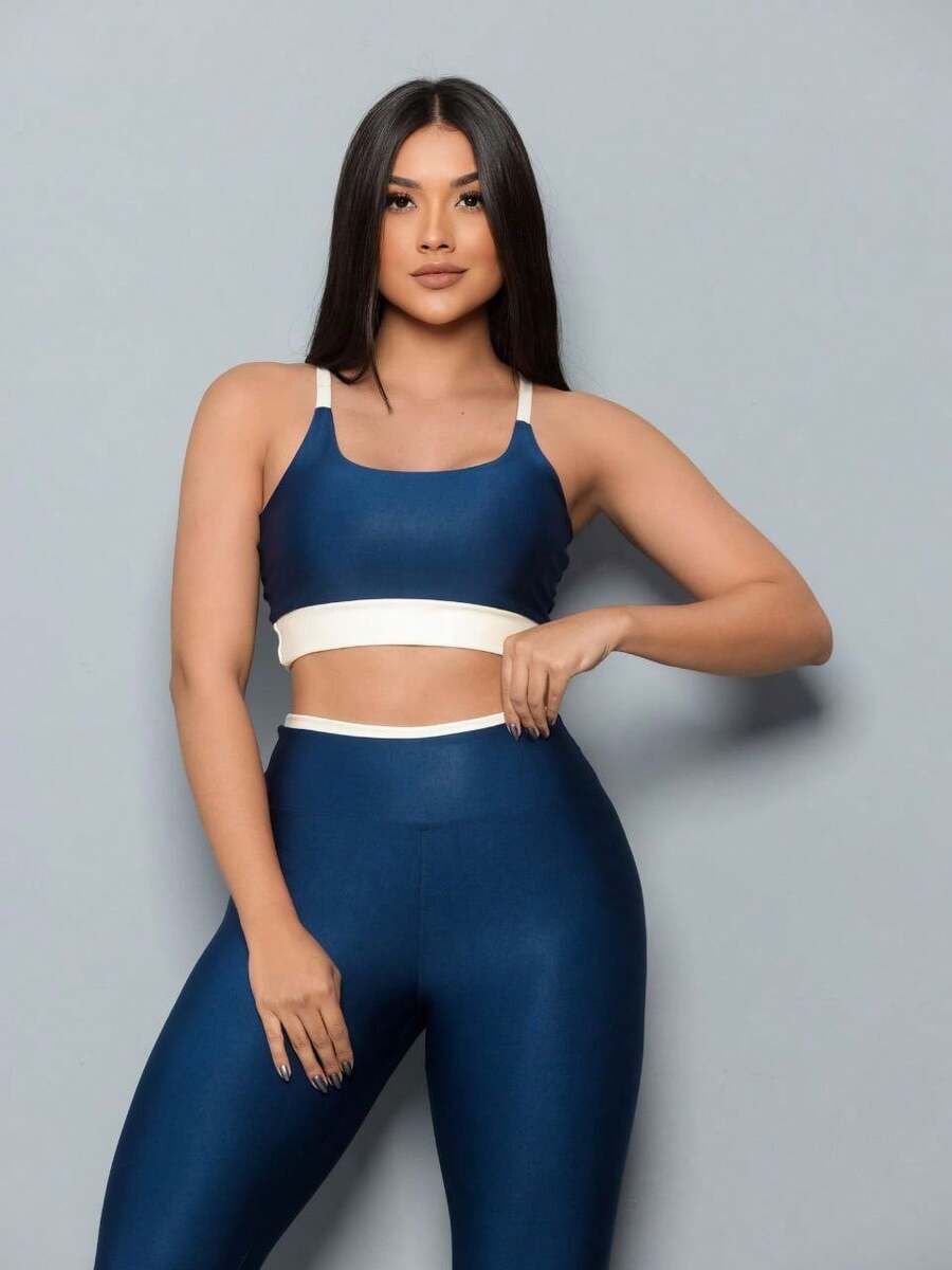 Premium Suplex Fitness Set With Pants And Non-Transparent Cup Top, Fitness Gym Clothing Kit, High Compression Leggings - 藍色 - 查看 1