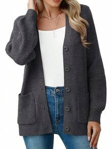 Women Chunky Knit Cardigan Sweater Long Sleeve Button Up Cardigan With Pocket Sweater Coat Fall And Winter, Fashionable Knitwear SLK8 - Dark Heather Gray - View 1