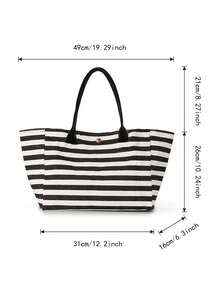 1pc Customized Striped Canvas Tote Bag, Printable With Your Name, Large Capacity Commuter Handbag, College Style Fits A4 Textbooks, Thick Canvas Anti-Wrinkle, Suitable For Office Ladies, Mothers, Beach Trips, Christmas Gift - Black and White - View 6