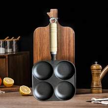 Non Stick Frying Pan, 4-Hole Medium-Sized Frying Pan, Induction Cooker, Healthy Cooking Pan With Wooden Handle, Frying Pan, Egg Frying Pan, 4-Cup Pancake Pan, Suitable For Breakfast, Suitable For Gas Stoves And Induction Cookers, Easy To Clean Non Stick Pan, Family Dinner Supplies, Party Supplies - Black - View 8