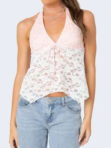 Women's Lace Deep V Neck Sleeveless Crop Tank Top Summer Going Out Tops Ruched Basic Tunic Lace Tops - Pink - View 1