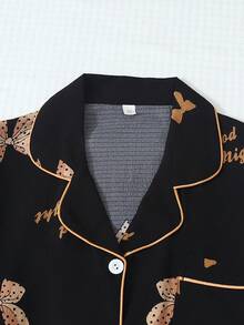 2 piezas/Set Pijama de mujer con estampado de mariposa para otoño/invierno, top de manga larga con botones y cuello de solapa y pantalones largos, ropa de dormir casual - Negro - Ver 3