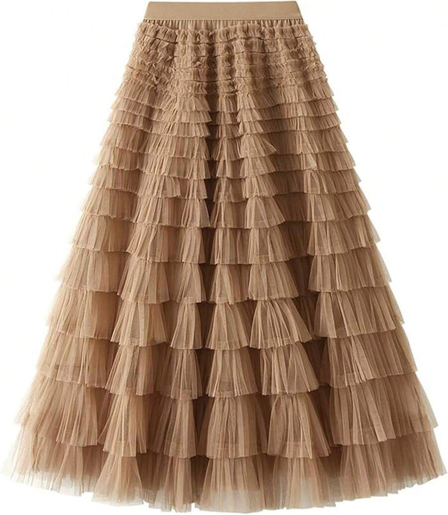 Women's A-Line Fairy Patterned Elastic Waist Ruffle Tulle Layered Midi Skirt - Tutu B Khaki - View 1