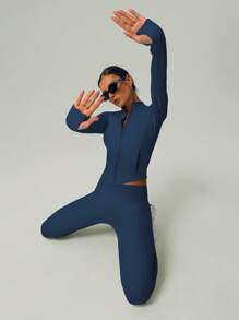 GOSOUER 2 PCS Co Ord Set Women's Classic Light Fleece Warm Outdoor Sports Jacket With Butt Lifting Yoga Legging For Winter Autumn - Navy Blue - View 6