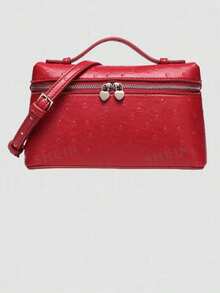 1 pieza Bolso bandolera cuadrado de textura de avestruz de unicolor en PU, adecuado para combinar con la moda diaria y salidas de las mujeres - Rojo - Ver 1