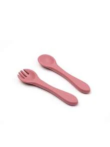 2 Pieces Baby Silicone Fork And Spoon; Children's Learning To Eat Training Utensils; Infant Feeding Accessory Fork And Spoon.