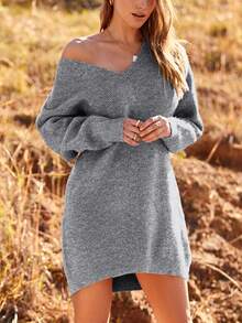 Women's Pullover Sweater Dress Casual Long Sleeve Ribbed Knit V Neck Loose Oversized Sweaters Dresses - 灰色 - 查看 8