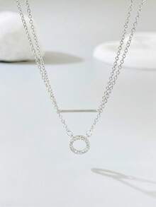 1件极简双层圆形立方氧化锆项链，925纯银吊坠锁骨项链，优雅女士珠宝礼物，适合日常佩戴和约会 - 款式1 - 查看 5