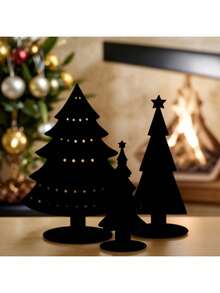 1pc/3pcs Black Wooden Christmas Tree Decor, Rustic Style Black Wooden Pine Tree Desktop Ornament, Vintage Forest Pine Tree Decoration, Christmas Scene Decor, Christmas Gift, Holiday Party Decor, Holiday Party Scene Prop, Home, Desk, Dorm Decor, Gift For Friends, Home Decor, Christmas Decoration, Room Decor, Winter Christmas Decor, Christmas Home Gift, Christmas Decoration