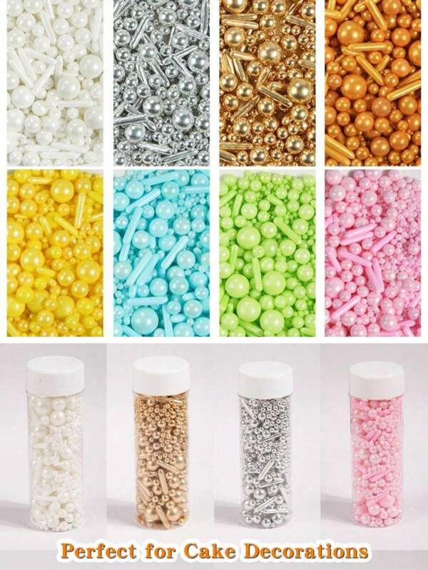 130g/4,58oz Perles et bâtonnets décoratifs ronds (tailles mixtes) - Comestibles idéaux pour la décoration de gâteaux, décorations de desserts, décoration de cupcakes, gâteaux d'anniversaire, beignets, bonbons, glaces et plus encore