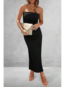 Women's Summer Bodycon Maxi Tube Dress Ribbed Strapless Side Slit Long Going Out Casual Elegant Party DressesHalloween Christmas New Year - 黑色 - 查看 4