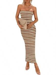Women's Summer Bodycon Maxi Tube Dress Ribbed Strapless Side Slit Long Going Out Casual Elegant Party DressesHalloween Christmas New Year - 寬條紋棕白色 - 查看 1