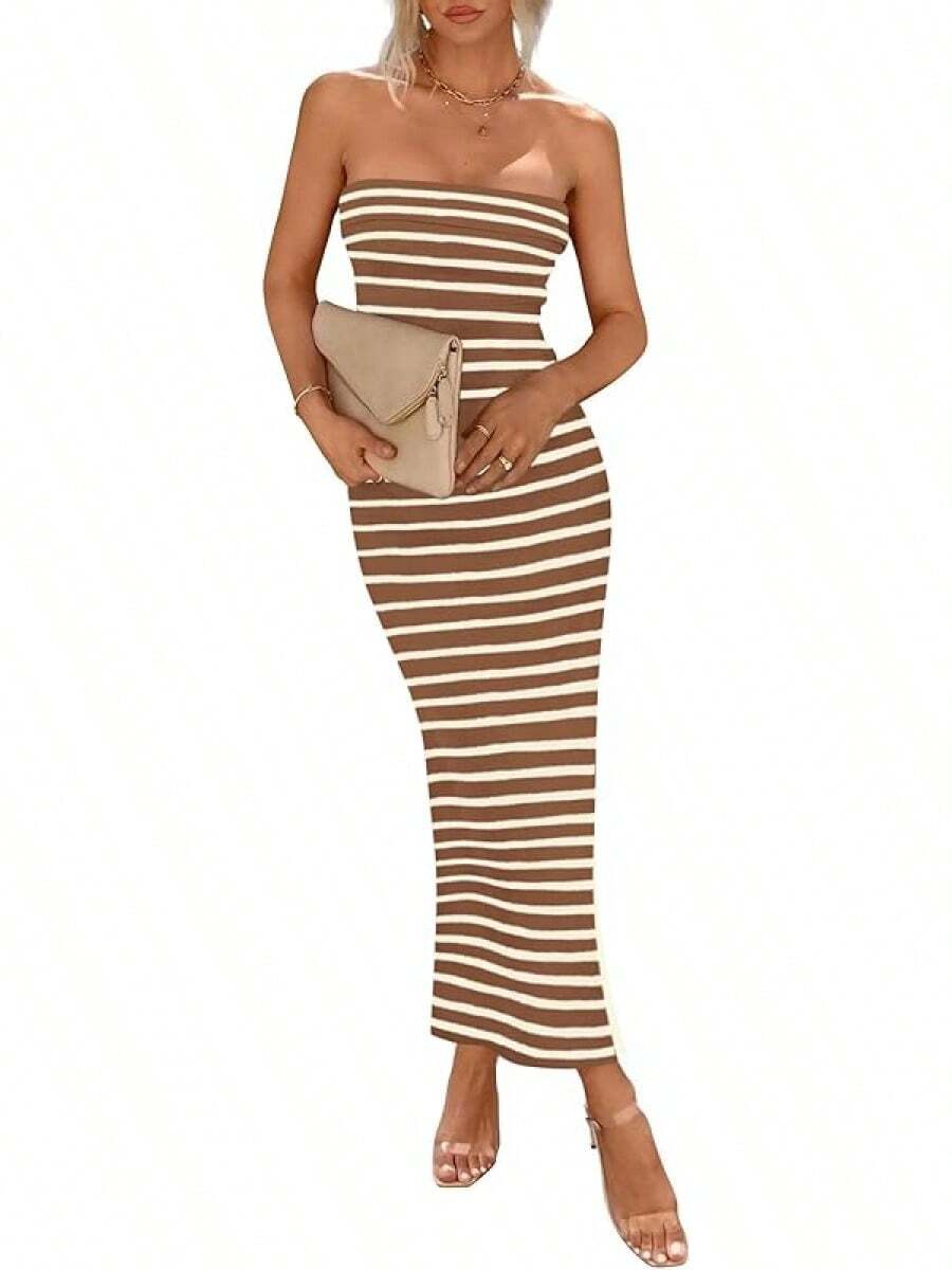 Women's Summer Bodycon Maxi Tube Dress Ribbed Strapless Side Slit Long Going Out Casual Elegant Party DressesHalloween Christmas New Year - 寬條紋棕白色 - 查看 1