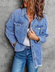 Vetinee Women's Oversized Button Up Frayed Hem Shacket Long Sleeve Pockets Denim Jean Jacket - Wave Blue - 查看 8