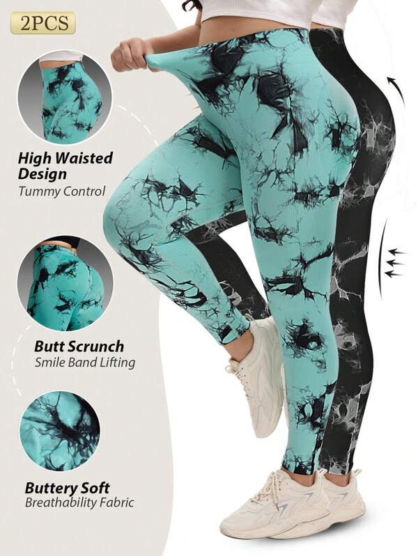 2 piezas Pantalones deportivos de talla grande para mujer con efecto tie-dye, cintura elástica y elevadora, aptos para gimnasio, senderismo al aire libre, yoga y uso diario