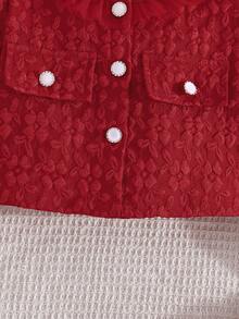 2 件套女孩生日派对礼物，时尚 3D 印花夹克和条纹蝴蝶结网眼吊带裙 - 紅色 - 查看 5