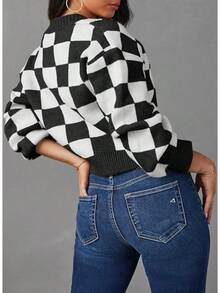Women's Checkered Button Down Long Sleeve Knit Cropped Cardigan Sweater Tops, Style - Black - View 4