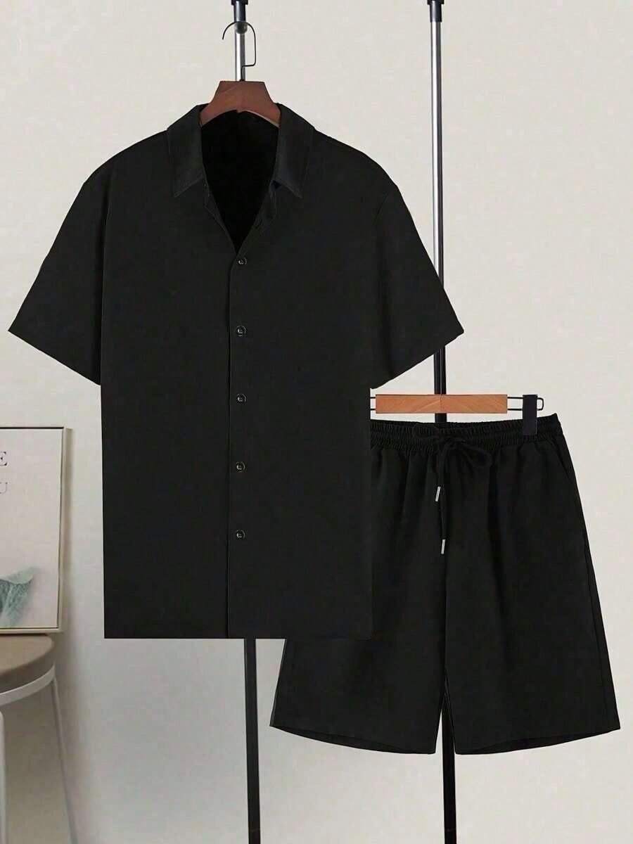 Men's Casual Short-Sleeved Lapel Shorts Set Comfortable Loose Shirt Set - 黑色 - 查看 1