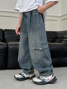 Boys' Loose Fit Casual Cargo Jeans Pants, Suitable For Daily, School, Outdoor Wear, Autumn - Blue - View 4