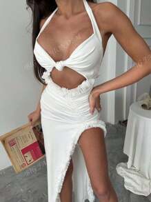 Vestido formal de fiesta elegante de unicolor con abertura en la espalda, bajo con volantes, adecuado para bodas y cenas formales
