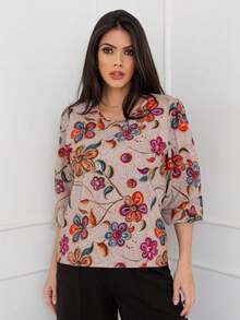 LAN FASHION Women's Printed Blouse With 3/4 Sleeves And Crepe Fabric - 米色 - 查看 3