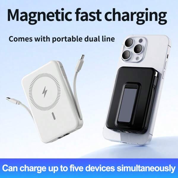10000MAH Mini Magnetic Fast Charging Power Bank With Digital Screen, 2 Built-In Charging Cables, USB Portable Mobile Phone Powerbank Charging 5 Devices At Once, Comes With A Stand, Suitable For Airplane Travel, With Led Power Display, Mobile Power Suitable For Summer Holiday Outdoor Travel/Camping And Hand Free Emergency Backup Mobile Power Supply Gifts For Family, Friends, Birthday Portable Charger Magnetic Wireless