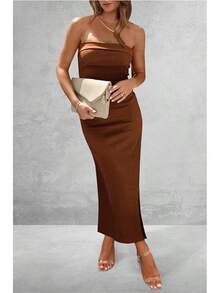 Women's Summer Bodycon Maxi Tube Dress Ribbed Strapless Side Slit Long Going Out Casual Elegant Party DressesHalloween Christmas New Year - 棕色 - 查看 4